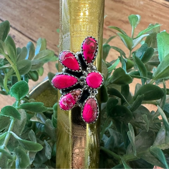 Sea Sediment Pink Jasper Adjustable Sterling Silver 925 Half Cluster Ring - Picture 3 of 9